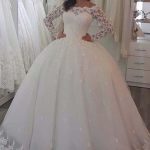 Long Sleeves Lace Ball Gown Wedding Dresses with Elegant Bateau Neckline