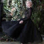 Short Wedding Dress with Sleeves: Elegant Black Bateau Neckline and Lace Appliques