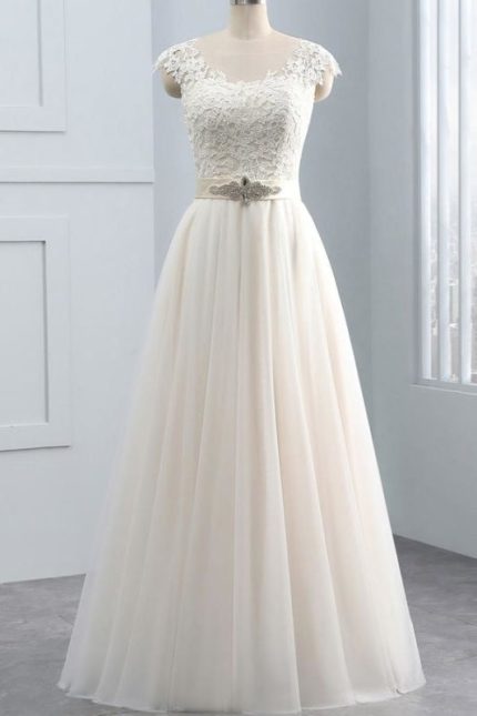 Elegant A-Line Wedding Dress with Cap Sleeves Lace and Tulle
