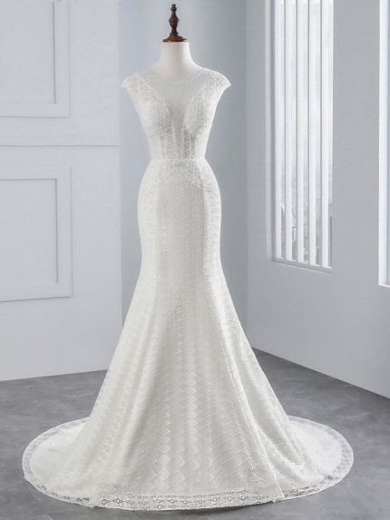 Mermaid Wedding Dresses with Elegant Cap Sleeves and Lace-Up Details