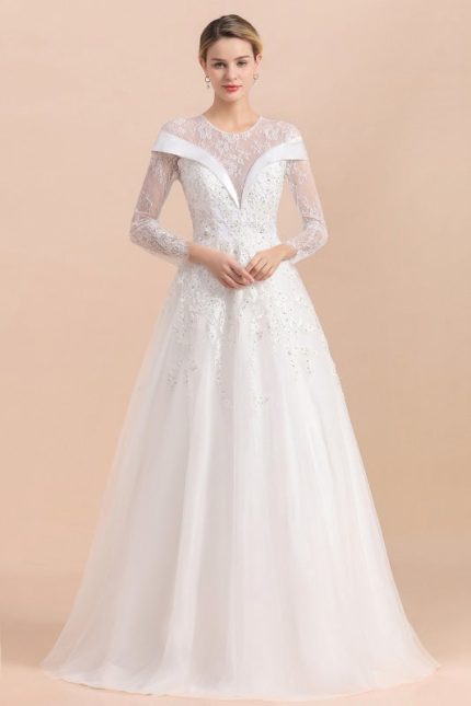 Floor Length Wedding Dress with Elegant Lace and Long Sleeves