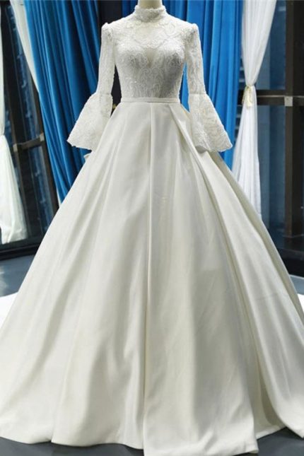 Satin Wedding Dresses with Elegant High Neckline and Long Sleeves