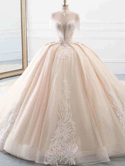 Ball Gown Wedding Dresses with Tassel Sleeves and Elegant High Neck