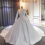 Elegant Wedding Dresses with High Neckline and Long TrainSatin Fabric