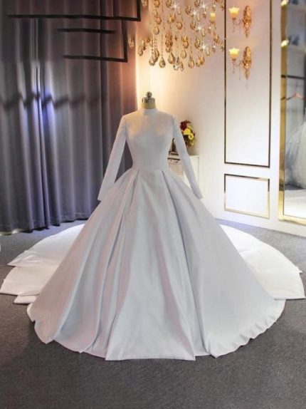 Elegant Wedding Dresses with High Neckline and Long TrainSatin Fabric