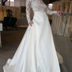 Satin Long Wedding Dress Ivory with Lace Top and Sleeves Sweep Train