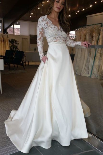 Satin Long Wedding Dress Ivory with Lace Top and Sleeves Sweep Train