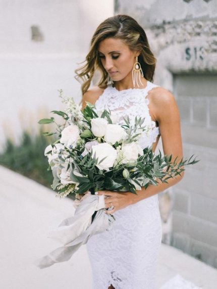 Elegant Beach Wedding Dress with Strapless Fit and Flare Silhouette and Lace Details