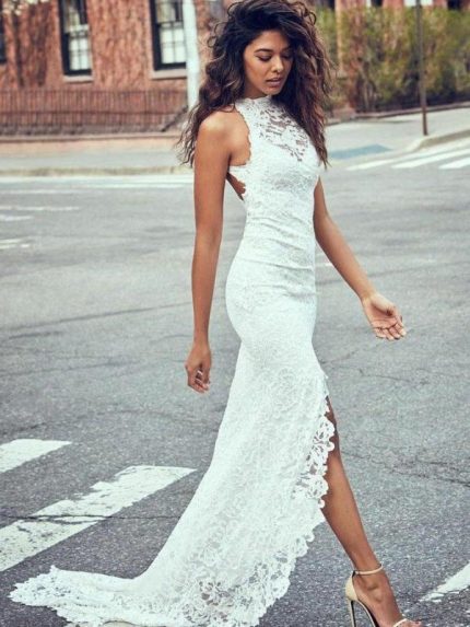 Beach Wedding Dress with Open Back Strapless Design and Elegant Lace Details