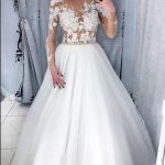 Elegant Bateau Neckline Wedding Dress with Sleeves Appliques Lace and TulleLong A-Line Silhouette