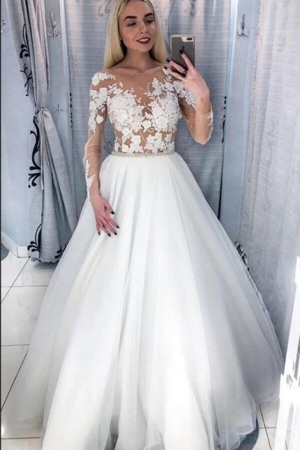 Elegant Bateau Neckline Wedding Dress with Sleeves Appliques Lace and TulleLong A-Line Silhouette
