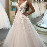 Exquisite 3D Floral Tulle Wedding DressLong A-Line Silhouette with V-Neckline