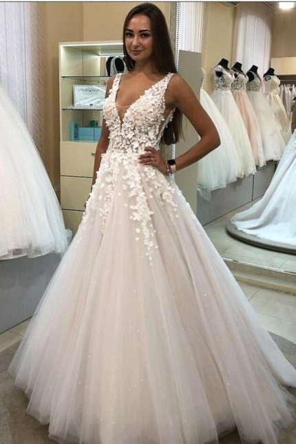Exquisite 3D Floral Tulle Wedding DressLong A-Line Silhouette with V-Neckline