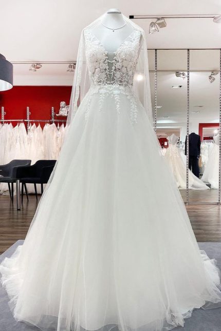 Open Back Wedding Dress with V-Neckline Tulle Lace and Elegant Long A-Line Silhouette