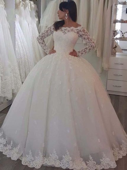 Bateau Lace Wedding Dresses with SleevesElegant Long Ball Gown Style