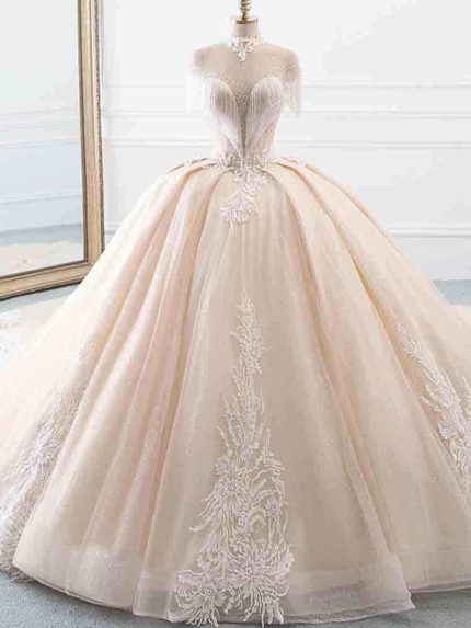 High Neck Tassel Sleeves Tulle Wedding Dresses with Elegant Long Ball Gown Silhouette