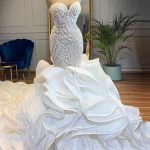 Crystal Beaded Lace Mermaid Wedding Dresses with Elegant Long Sleeves and Sweetheart Neckline