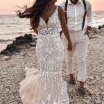 Floral Lace Backless Wedding Dress with V-NecklineElegant Long Mermaid Style