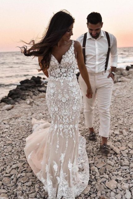 Floral Lace Backless Wedding Dress with V-NecklineElegant Long Mermaid Style