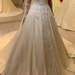 Pearl Satin Wedding Dress with Sweetheart Appliques Lace and Long SleevesA-Line Silhouette