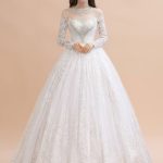Crystal Beaded Lace Ball Gown Wedding Dress with Elegant Long Sleeves