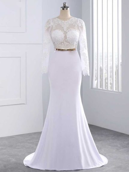 Sashes Wedding Dresses with Lace Mermaid Silhouette and Long Sleeves