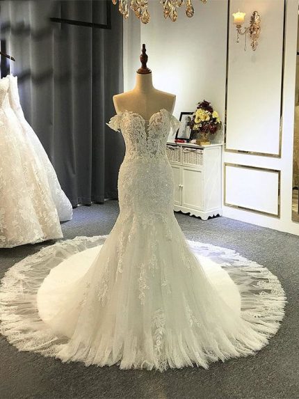 Mermaid Wedding Dresses with Train and Elegant Off-the-Shoulder Lace Details