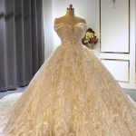 Ball Gown Wedding Dresses with Train and Elegant Off-the-Shoulder Lace-Up Style