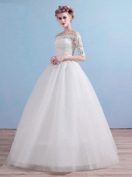 Long Sleeves Lace Ball Gown Wedding Dresses with Elegant Off-the-Shoulder Style