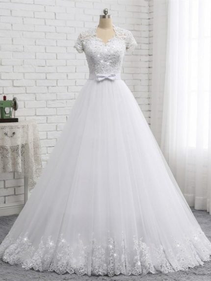 Lace Beaded Tulle Wedding Dresses with Elegant Short Sleeves
