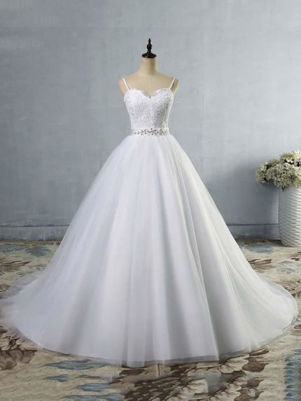 Lace Sashes Tulle Wedding Dresses with Elegant Spaghetti StrapsSquare Neckline