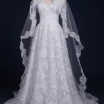 Long Sleeves Covered Button Lace Wedding Dresses with Elegant V-Neckline