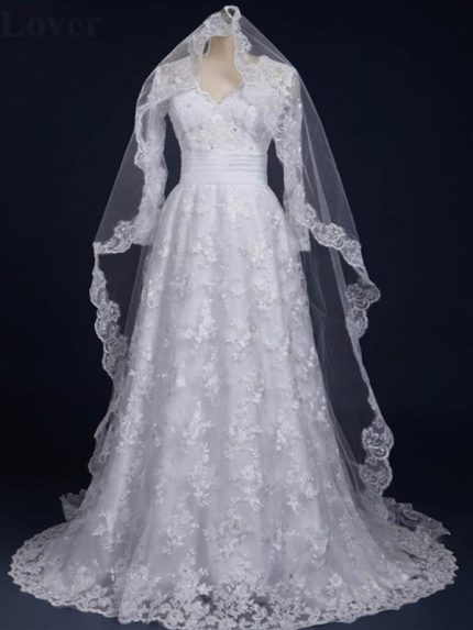 Long Sleeves Covered Button Lace Wedding Dresses with Elegant V-Neckline