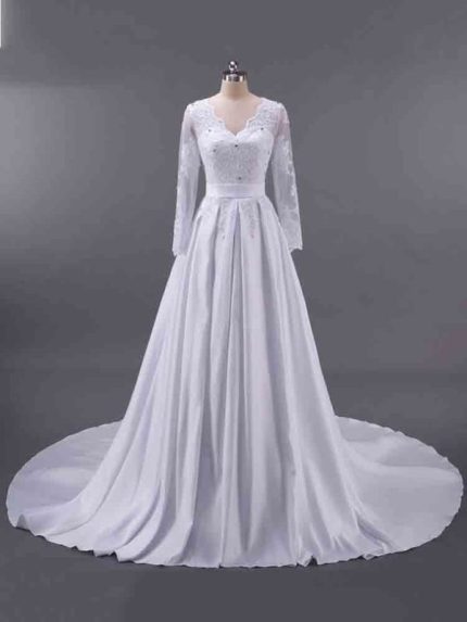 V-Neck Long Sleeves Lace Ruffles Wedding Dresses with Delicate Accents