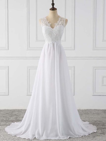 Sleeveless Covered Button Ruffles Wedding Dresses with Elegant V-Neckline