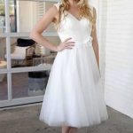 Tea Length Lace Up Short Wedding Dresses with Graceful V-Neckline