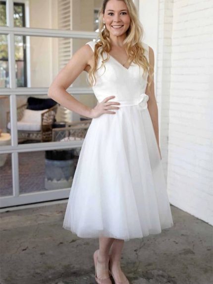 Tea Length Lace Up Short Wedding Dresses with Graceful V-Neckline