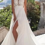 Charming Beach A-Line Cap Sleeve Bateau Lace Satin Split Wedding Dress