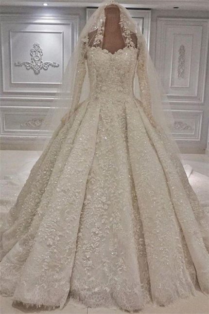Expensive Ball Gown Wedding Dress with Intricate Lace Appliques and Long Sleeves