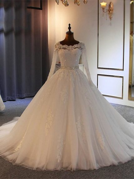 Elegant Bowknot Ball Gown Wedding Dresses with Graceful Long Sleeves
