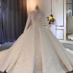 High Collar Lace-Up Wedding Dresses with Long Sleeves for an Elegant Look