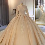 Long Sleeve Lace-Up Ball Gown Wedding Dresses with Exquisite High Collar