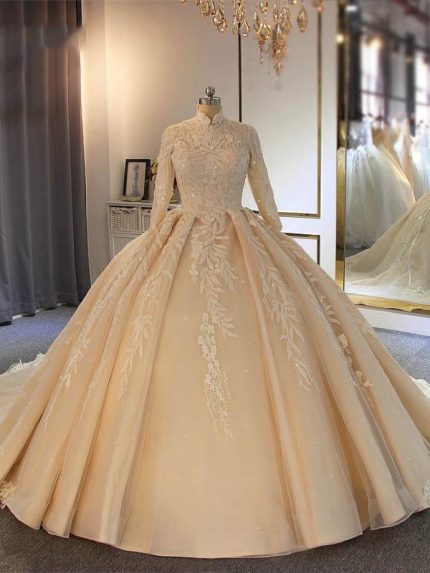 Long Sleeve Lace-Up Ball Gown Wedding Dresses with Exquisite High Collar