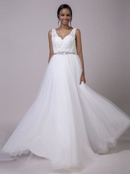 Sleeveless A-Line Wedding Dresses with Fancy V-Neck and Lace-Up Detailing