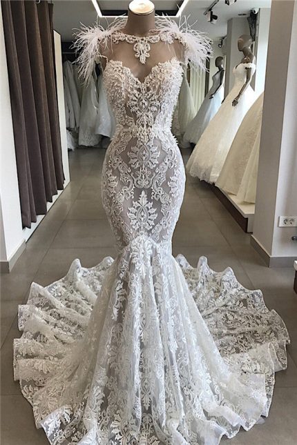 Open Back Bridal Gowns with Feather and Crystals Necklace Detailing