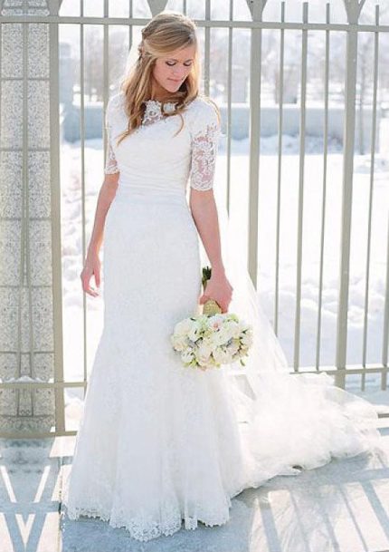Half Sleeve Lace Mermaid Wedding DressFloor-Length Bateau Style