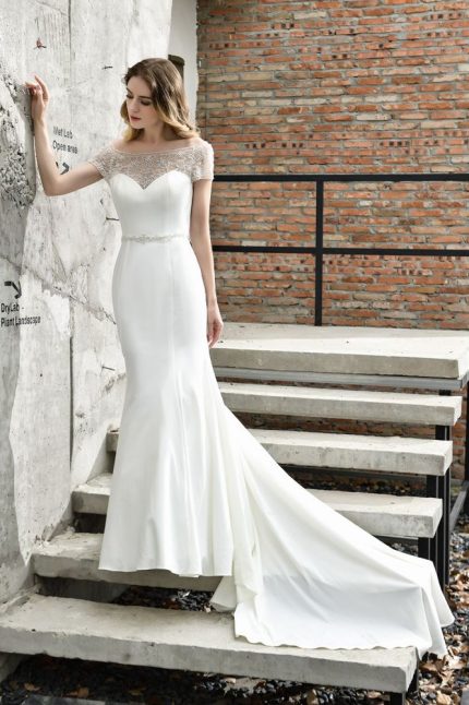 Ivory Wedding Dress with Floral Beaded Cap Sleeves and Chapel Train