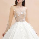 Sheer Tulle Ball Gown Wedding Dress with Long Sleeves and Crystal Beads