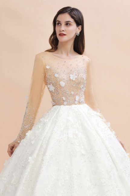 Sheer Tulle Ball Gown Wedding Dress with Long Sleeves and Crystal Beads