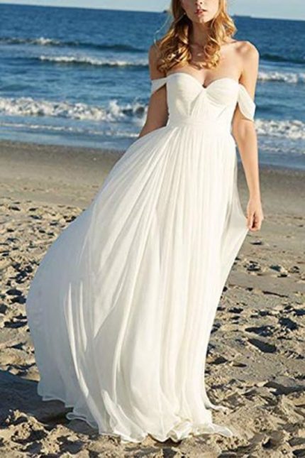 Simple Long Pleated Wedding Dress with Off-the-Shoulder Chiffon Style for the Beach